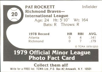 1979 TCMA Richmond Braves #20 Pat Rockett Back