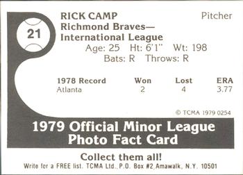 1979 TCMA Richmond Braves #21 Rick Camp Back