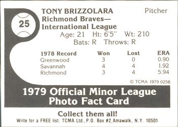 1979 TCMA Richmond Braves #25 Tony Brizzolara Back