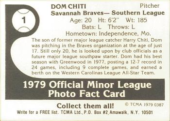 1979 TCMA Savannah Braves #1 Dom Chiti Back