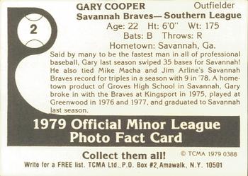 1979 TCMA Savannah Braves #2 Gary Cooper Back