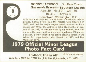 1979 TCMA Savannah Braves #8 Sonny Jackson Back