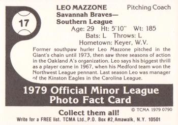 1979 TCMA Savannah Braves #17 Leo Mazzone Back