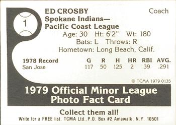 1979 TCMA Spokane Indians #1 Ed Crosby Back