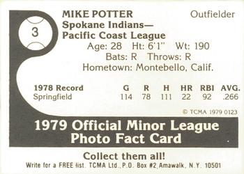 1979 TCMA Spokane Indians #3 Mike Potter Back