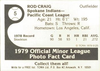 1979 TCMA Spokane Indians #5 Rod Craig Back