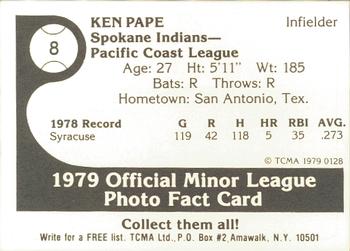 1979 TCMA Spokane Indians #8 Ken Pape Back