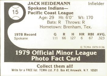 1979 TCMA Spokane Indians #15 Jack Heidemann Back