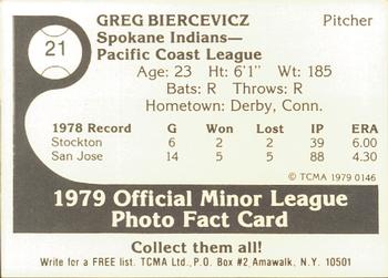1979 TCMA Spokane Indians #21 Greg Biercevicz Back