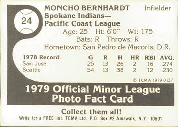 1979 TCMA Spokane Indians #24 Moncho Bernhardt Back
