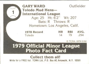 1979 TCMA Toledo Mud Hens #1 Gary Ward Back