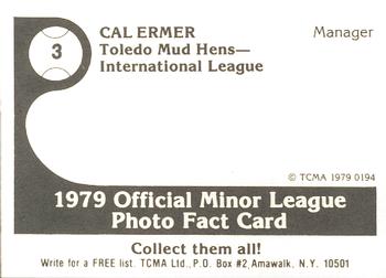 1979 TCMA Toledo Mud Hens #3 Cal Ermer Back