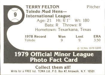 1979 TCMA Toledo Mud Hens #9 Terry Felton Back