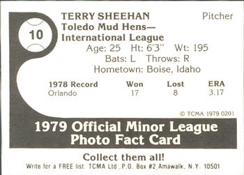 1979 TCMA Toledo Mud Hens #10 Terry Sheehan Back