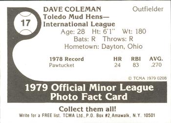1979 TCMA Toledo Mud Hens #17 Dave Coleman Back