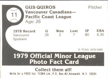 1979 TCMA Vancouver Canadians #11 Gus Quiros Back