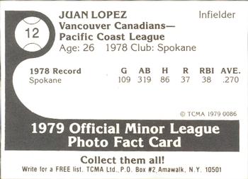 1979 TCMA Vancouver Canadians #12 Juan Lopez Back