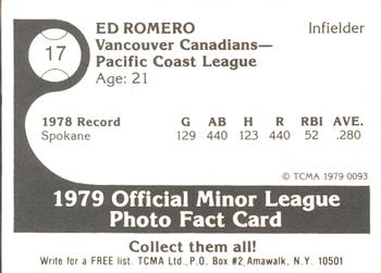 1979 TCMA Vancouver Canadians #17 Ed Romero Back