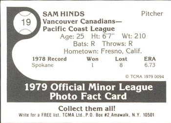1979 TCMA Vancouver Canadians #19 Sam Hinds Back