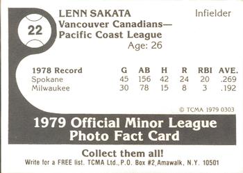 1979 TCMA Vancouver Canadians #22b Lenn Sakata Back
