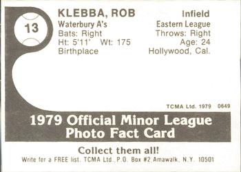 1979 TCMA Waterbury A's #13 Rob Klebba Back