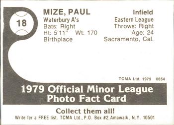 1979 TCMA Waterbury A's #18 Paul Mize Back