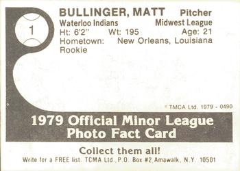 1979 TCMA Waterloo Indians #1b Matt Bullinger Back