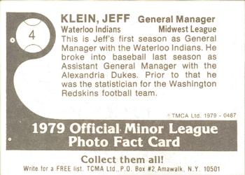 1979 TCMA Waterloo Indians #4a Jeff Klein Back