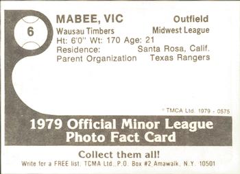 1979 TCMA Wausau Timbers #6 Vic Mabee Back