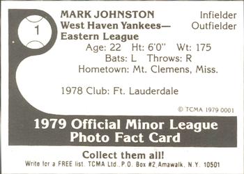 1979 TCMA West Haven Yankees #1 Mark Johnston Back