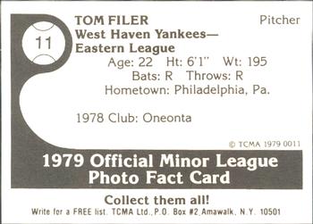 1979 TCMA West Haven Yankees #11 Tom Filer Back