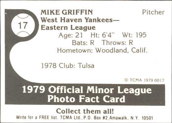 1979 TCMA West Haven Yankees #17 Mike Griffin Back