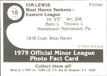 1979 TCMA West Haven Yankees #18 Tim Lewis Back
