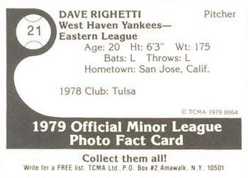 1979 TCMA West Haven Yankees #21 Dave Righetti Back