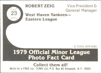 1979 TCMA West Haven Yankees #23 Robert Zeig Back