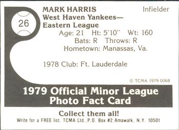 1979 TCMA West Haven Yankees #26 Mark Harris Back
