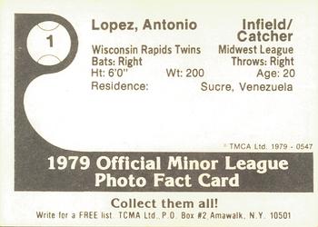 1979 TCMA Wisconsin Rapids Twins #1 Antonio Lopez Back