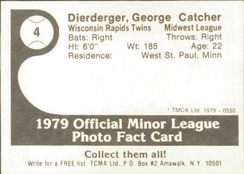 1979 TCMA Wisconsin Rapids Twins #4 George Dierberger Back