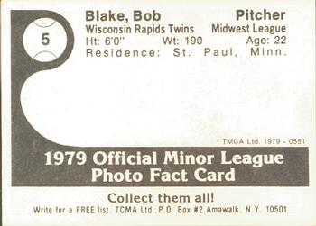 1979 TCMA Wisconsin Rapids Twins #5 Bob Blake Back