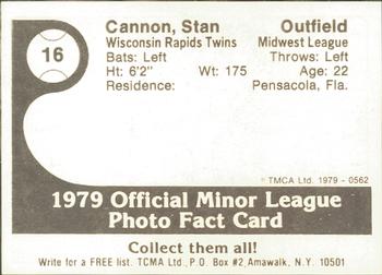 1979 TCMA Wisconsin Rapids Twins #16 Stan Cannon Back