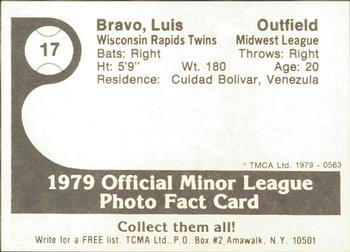 1979 TCMA Wisconsin Rapids Twins #17 Luis Bravo Back