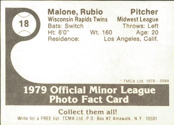 1979 TCMA Wisconsin Rapids Twins #18 Rubio Malone Back
