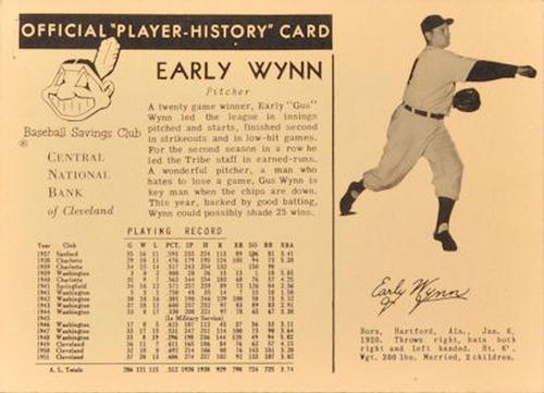 1952 Central National Bank Cleveland Indians #NNO Early Wynn Front