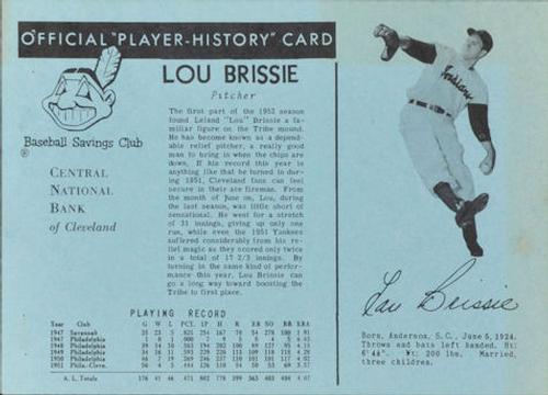 1952 Central National Bank Cleveland Indians #NNO Lou Brissie Front