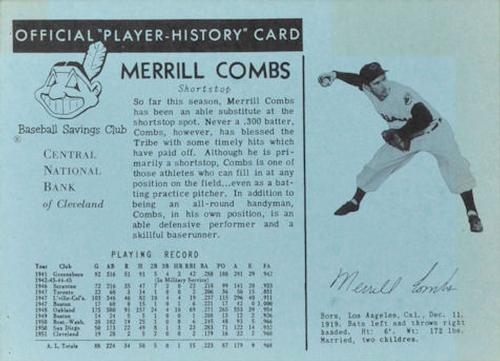 1952 Central National Bank Cleveland Indians #NNO Merrill Combs Front