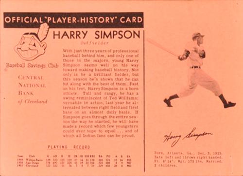 1952 Central National Bank Cleveland Indians #NNO Harry Simpson Front