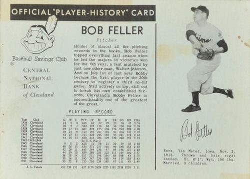 1952 Central National Bank Cleveland Indians #NNO Bob Feller Front