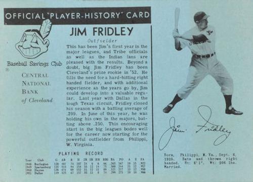 1952 Central National Bank Cleveland Indians #NNO Jim Fridley Front