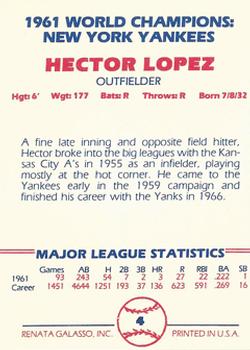 1982 Galasso 1961 World Champions New York Yankees #4 Hector Lopez Back