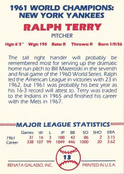 1982 Galasso 1961 World Champions New York Yankees #13 Ralph Terry Back